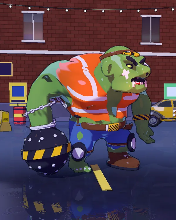 The Breacher, a giant zombie in a hi-vis vest, with two zombies under the moon.
